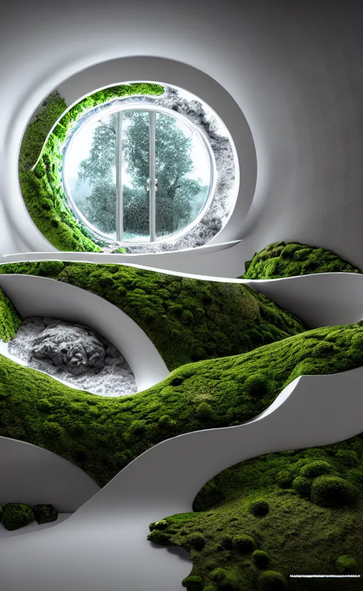 Image similar to highly detailed ultra sharp 3 d render villa interior cinematic composition of a smooth ceramic porcelain biomorphic magnolia stone nebula fluid fractal sci - fi surreal architecture landscape, granite, metallic, magnesium, marble, moss and lichen, vincent callebaut composition, mamou - mani, archviz, beautiful lighting, 8 k, unreal engine, hdr,