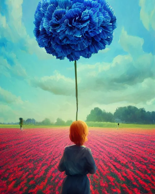 Image similar to girl with a giant carnation head, surreal photography, flower field, sunset dramatic light, impressionist painting, colorful clouds, blue sky, digital painting, artstation, simon stalenhag