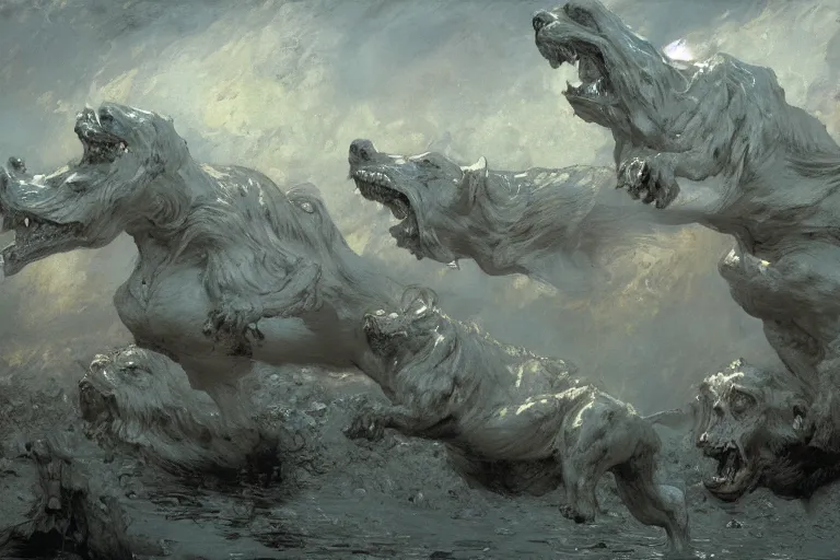 Image similar to hyperdetailed matte art of cerberus by ilya repin, amano, rene magritte, craig mullins