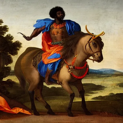 Image similar to black man with afro hair wearing an ( ( ( army green cloak ) ) ), riding an ( ( ( orange bull ) ) ), renaissance style painting