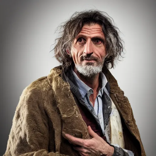 Image similar to A feral and dishevelled doctor in his natural habitat. He is in his forties and wearing a dirty worn out doctor\'s coat. 4K, National Geographic photograph