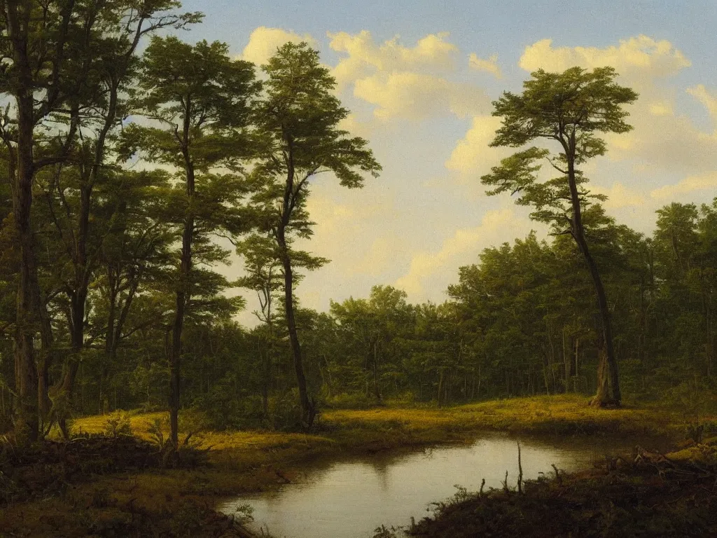 Image similar to hudson river school painting, naturalism, swamp, few little pines, corduroy road