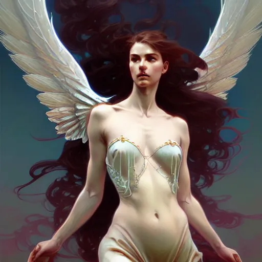 Image similar to Winged girl angel, fantasy, intricate, elegant, highly detailed, digital painting, artstation, concept art, smooth, sharp focus, illustration, art by Krenz Cushart and Artem Demura and alphonse mucha