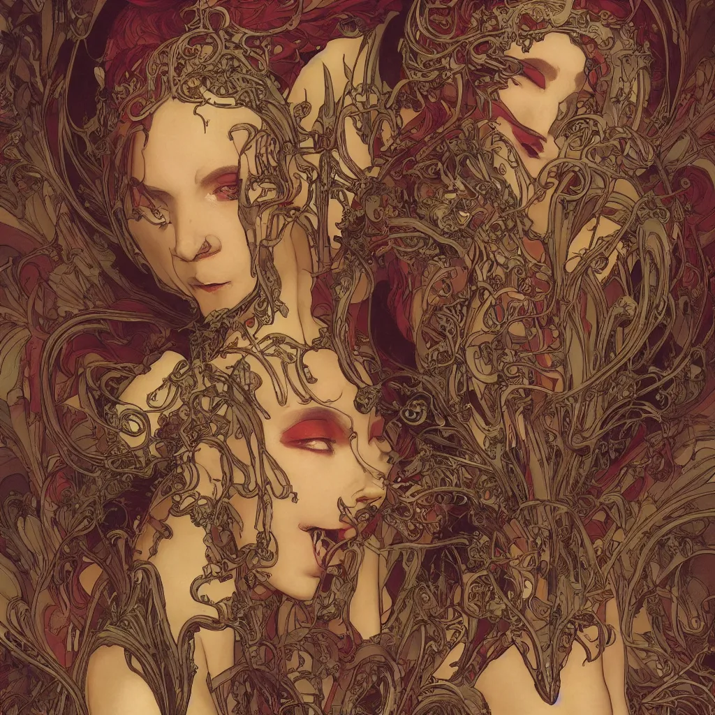 Image similar to a dramatic art nouveau panorama portrait of a malevolent and seductive alien space queen, perfectly symmetrical facial features, beautiful confident eyes, photorealism, by alphons mucha, bill sienkiewicz, geof darrow, travis charest and ralph bakshi, sensual volumetric lighting, vray render, zbrush, artstation, deviantart, the liberator