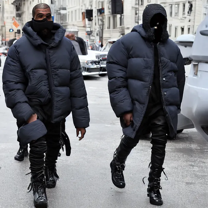 Image similar to kanye west using a full face covering black mask, a blue round puffer jacket made of nylon and big black rubber boots,