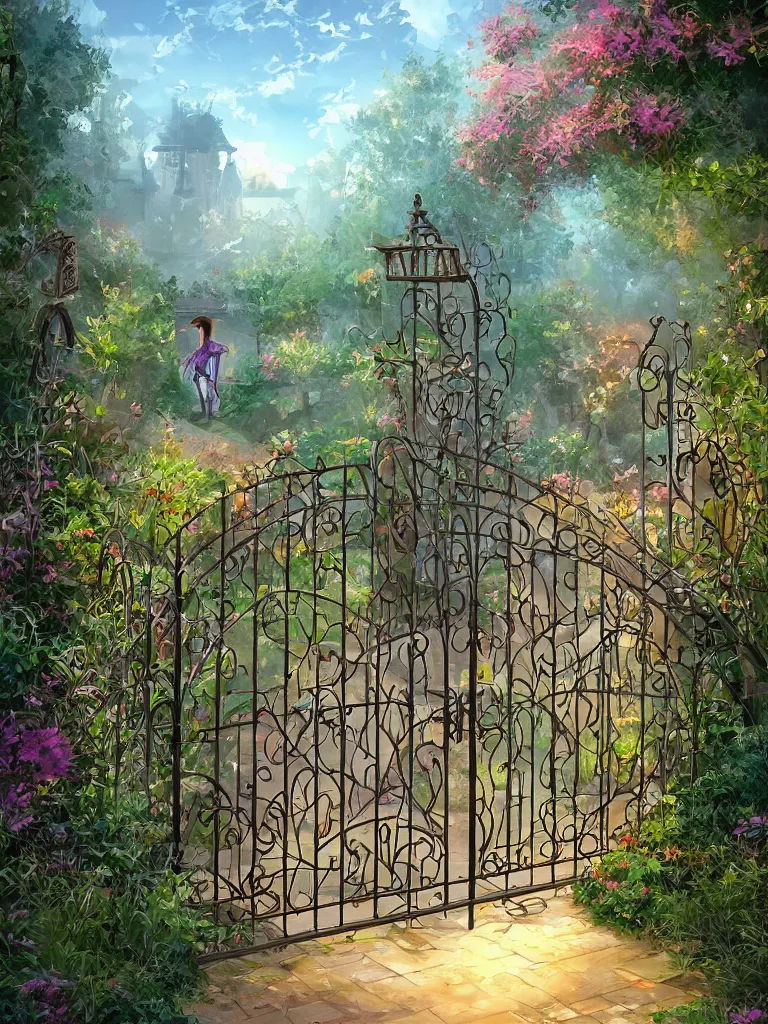 Prompt: beautiful digital painting high quality clear of wrought iron garden gate with a tranquil garden in the background and stone ground Cyril Rolando, David Wiesner, artstation behance