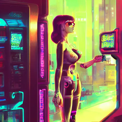 Prompt: extremely detailed realistic render of a cyberpunk girl i spired by ghost in the shell in front of a neon vending machine by James Jean and craig mullins, ArtStation, CGSociety