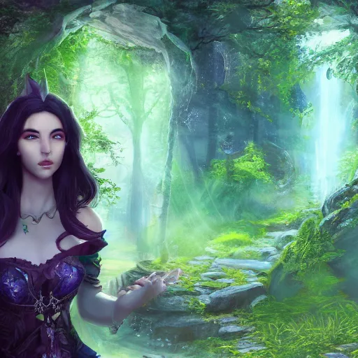 Image similar to Beautiful art portrait of a female fantasy sorceress in a dark mystical fantasy temple surrounded by lush spring time forest ,masterpiece, trending on artstation unreal 5, DAZ, hyperrealistic, octane render, dungeons and dragons, dynamic lighting