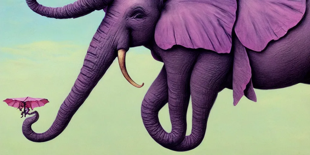 Image similar to a single purple elephant flying in the air like dumbo during a storm, close up of elephant with ground behind, illustration, detailed, smooth, soft, warm, by Adolf Lachman, Shaun Tan, Surrealism