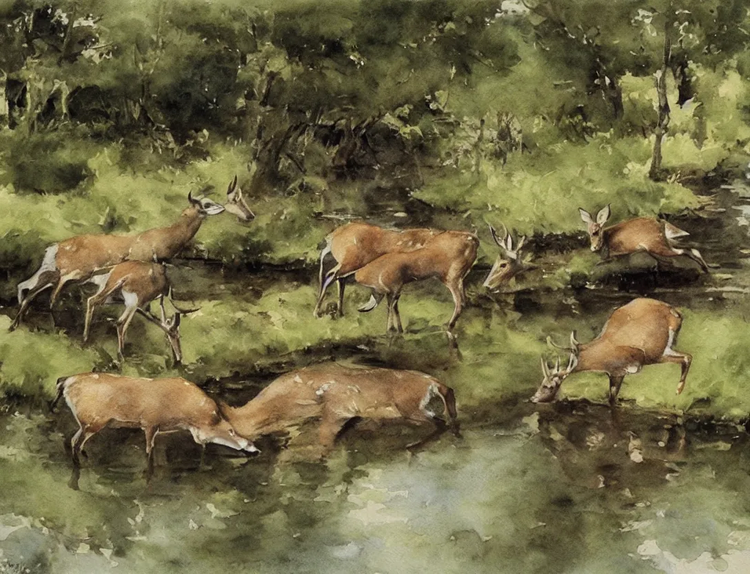 Prompt: watercolor by anders zorn, deer drinking water by pond, realistic nature art