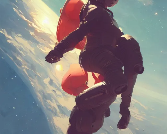 Prompt: young woman flying in space sharp focus, illustration, highly detailed, concept art, matte, trending on artstation, anime, art by james jean and artgerm and brian despain and alberto mielgo, greg rutkowski, wlop, ilya kuvshinov, strong strokes