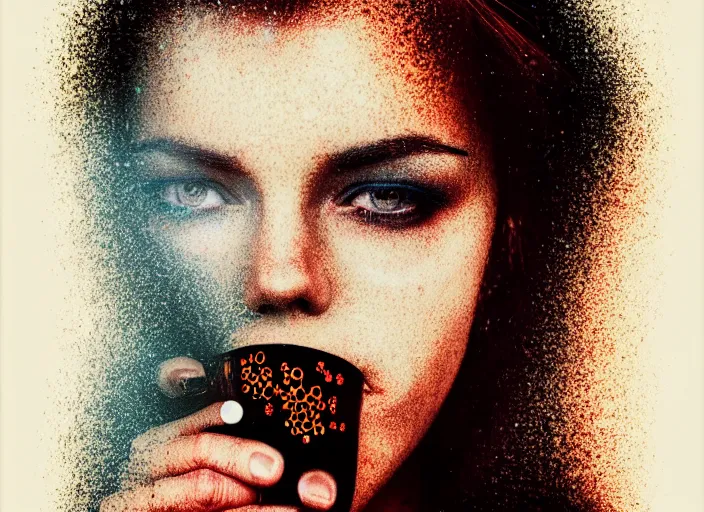 Image similar to portrait of a heroine drinking coffee, (((colorful))),vivid, Mads Berg, Karolis Strautniekas,small finely stippled light, dramatic lighting,film grain, editorial illustration, detailed, gradation, matte print, dynamic composition,moody, cinematic,extreme perspective