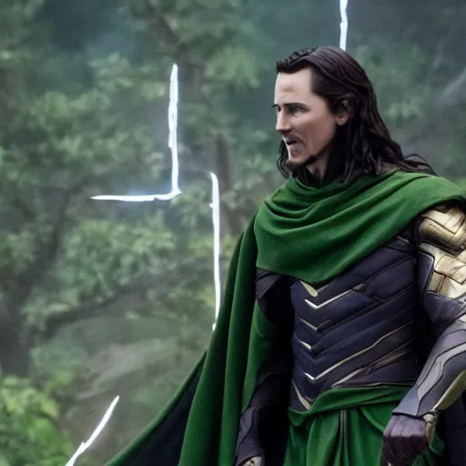 Image similar to film still of Christian Bale as Loki in Avengers Endgame