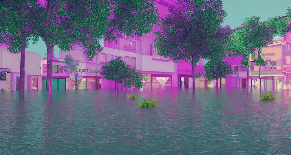 Image similar to 80s vaporwave outrun 3d Render of a german town being flooded, retro, grainy, noisy