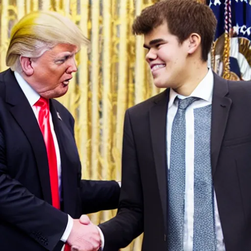 Image similar to donald trump and magnus carlsen shaking hands