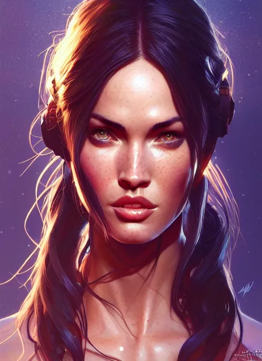 Image similar to portrait of apex legends megan fox, intricate, elegant, glowing lights, highly detailed, digital painting, artstation, glamor pose, concept art, smooth, sharp focus, illustration, art by artgerm and greg rutkowski, artey freytag