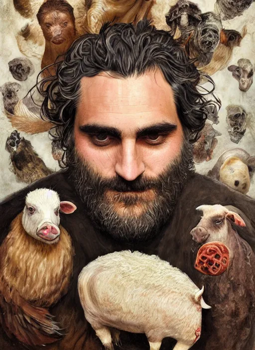 Image similar to a hyper detailed painting of joaquin phoenix surrounded by animals, cow horns, pig nose, sheep wool, chicken feather, horror, by anna podedworna, by miklos ligeti, by diego maricato, by taran fiddler, by antonino truisi, by chris reddie, by jinsung lim, trending on artstation