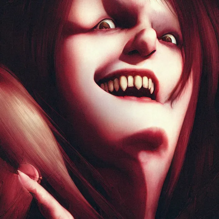 Image similar to renaissance portrait of the secretive vampire girl loner smiling at her next victim, by katsuhiro otomo, yoshitaka amano, nico tanigawa, and artgerm rendered with 3 d effect.