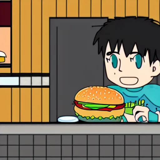 Prompt: kel from omori, thinking about burgers