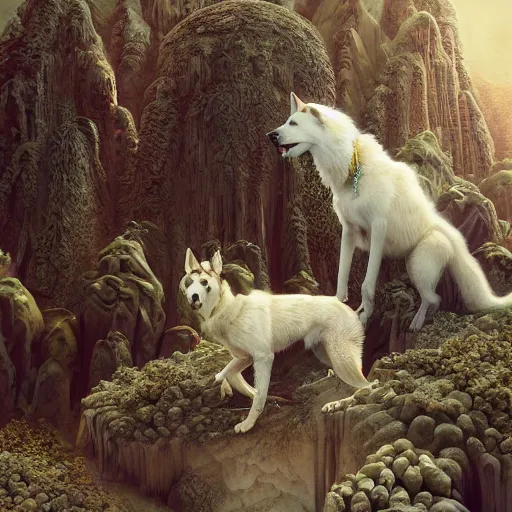 Image similar to white alaskan husky creature in a desert lush oasis, warm tones : by guillermo del toro, daniel merriam, victo ngai and michal karcz : ornate, dynamic, particulate, intricate, elegant, highly detailed, centered, artstation, smooth, sharp focus, octane render