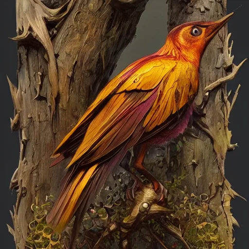 Image similar to carved wooden colorful bird, golden crown, dark, rusty, fantasy forest, highly detailed, realistic, artstation, concept art, smooth, sharp focus, illustration, art by artgerm and greg rutkowski and alphonse mucha