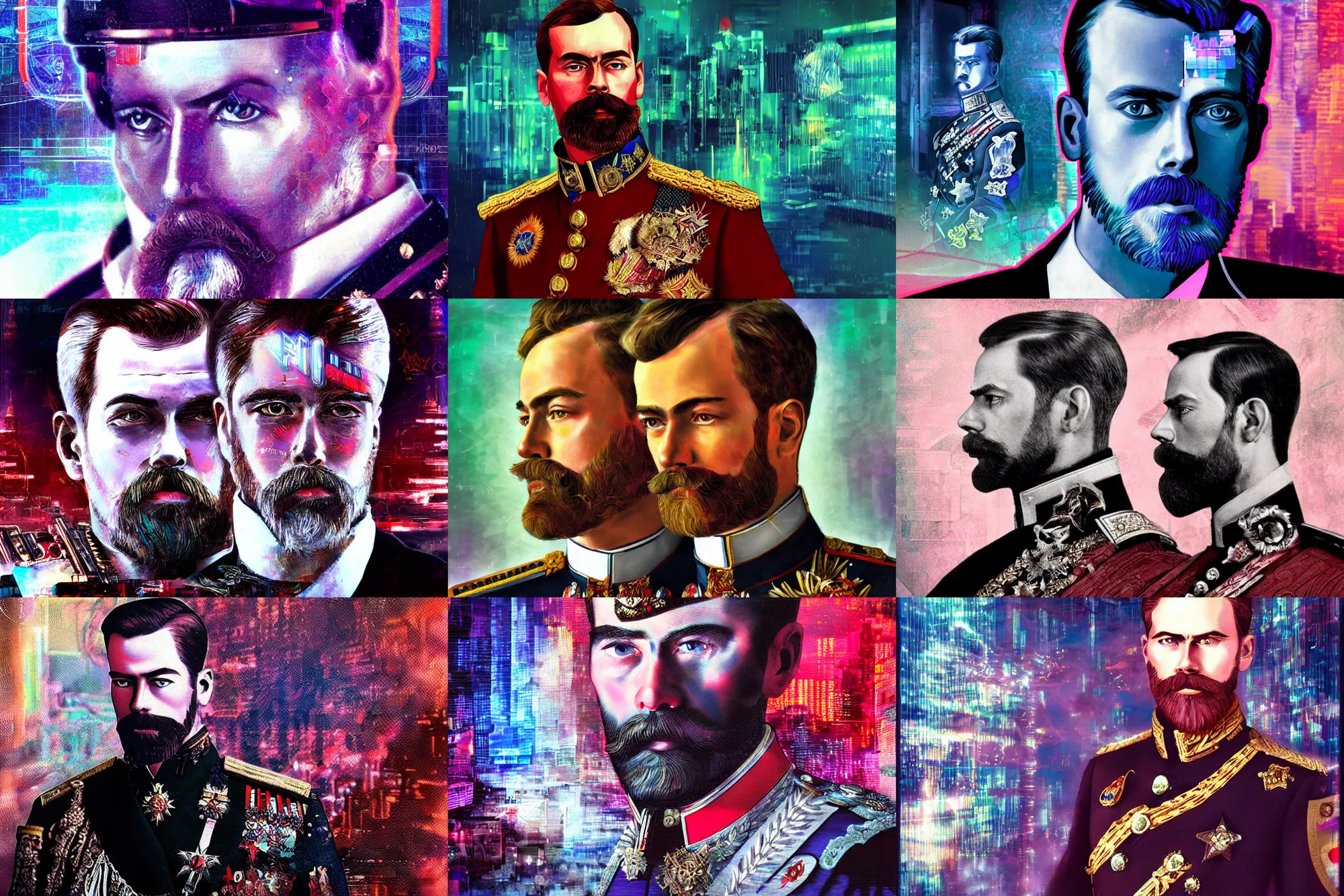 Image similar to Nicholas II of Russia, cyberpunk, synthwave, glitch, digital art, detailed, photo realistic