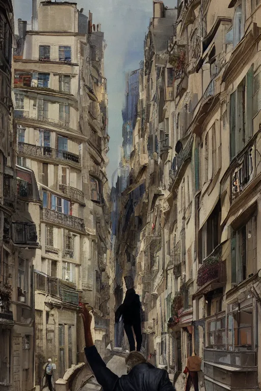 Image similar to in the foreground a Parisian street, in the background a dark-haired man from behind wearing a long matrix style jacket and starting to fly away, realistic, high definition, great detail, dramatic scene, detailed and realistic hands, symmetrical face, realistic eyes, art of dave gibbons