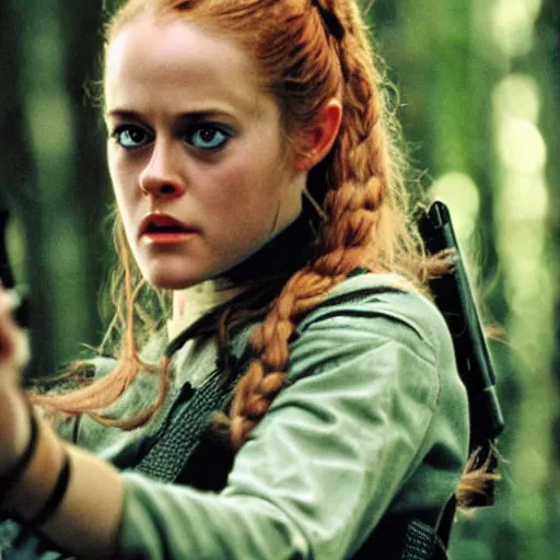 Prompt: close - up movie still of cute young alicia silverstone as bounty hunter mara jade on the forested mountain planet wayland in star wars episode vii : heir to the empire ; bare arms