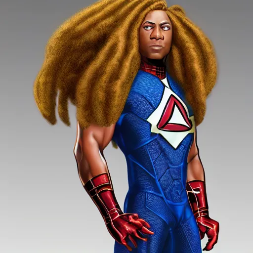 Image similar to a marvel movie style portrait design featuring a young male african american superhero johnny storm with brown dreadlocks hair, blue uniform with the number 4 on the chest in a round logo, full body, hair and arms on fire, cinematic, high detail, no imperfections, extremely symmetric facial features, unreal engine, 8 k, by kevin fiege