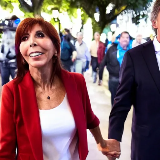 Prompt: Cristina Kirchner holding hands with Mauricio Macri, bokeh, 100mm