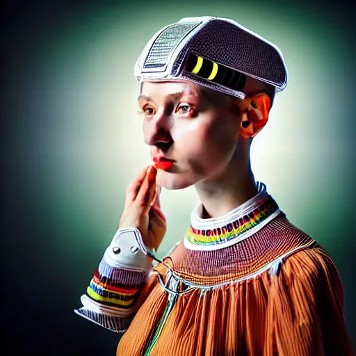 Image similar to hyperrealism photography in caravaggio style quntum computer simulation visualisation of parallel universe sit - com scene with beautiful detailed ukrainian woman wearing ukrainian traditional shirt and wearing retrofuturistic sci - fi neural interface designed by josan gonzalez. hyperrealism photo on pentax 6 7 by giorgio de chirico volumetric natural light - s 1 0 0