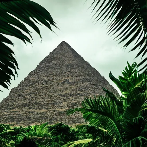 Prompt: a giant pyramid in a tropical jungle. overcast sky, grainy.