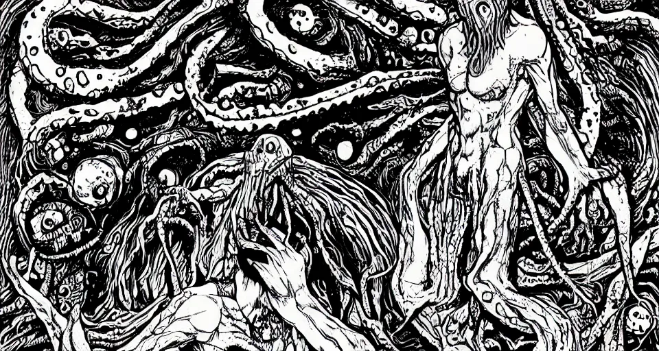 Prompt: cthulhu lovecraftian horror cinematic, in the style of junji ito, lineart, manga