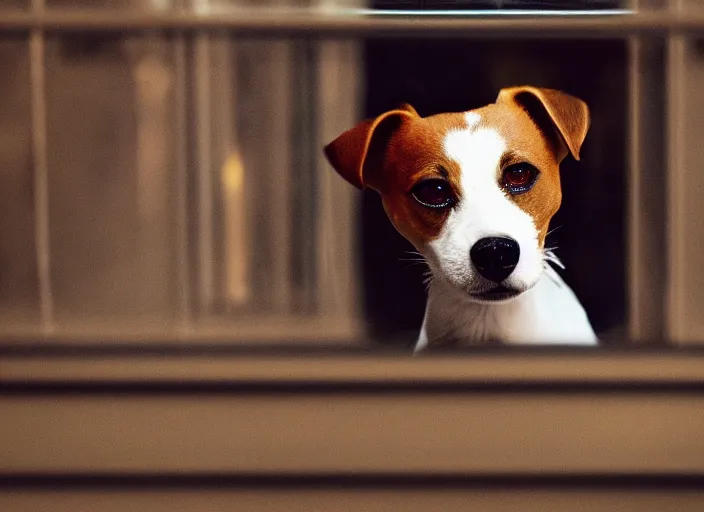 Image similar to photography of a Jack Russel . watching outside the window. on a bed. in a 70's room full of vinyls and posters, photorealistic, award winning photo, 100mm, sharp, high res