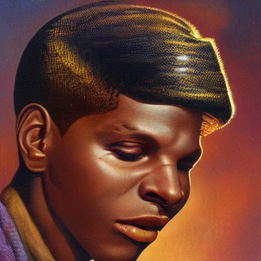 Prompt: a painting of wizkid by bruce pennington.