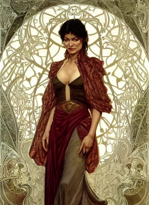 Image similar to Shohreh Aghdashloo as feisty Iranian woman, tasteful portrait, intricate, elegant, highly detailed, centered, digital painting, artstation, concept art, smooth, sharp focus, illustration, art by artgerm and donato giancola and alphonse mucha