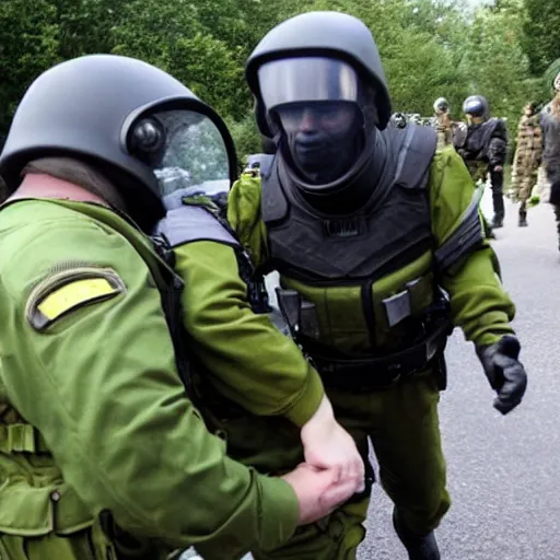 Image similar to a visitor from outer space, being arrested by spetsnaz forces