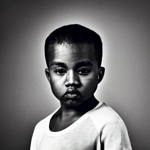 Image similar to the face of young kanye west wearing yeezy clothing at 6 years old, black and white portrait by julia cameron, chiaroscuro lighting, shallow depth of field, 8 0 mm, f 1. 8