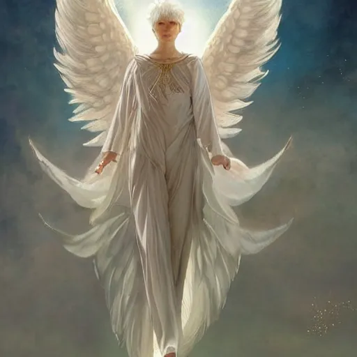 Image similar to harmony of white haired angel yoongi wearing greek clothes, muted colors, sparkles everywhere, big wings, dynamic hair movement, dynamic pose, holographic space, glowing effect, j. c leyendecker, by alan lee, wlop! illustrated by starember, fantasy art by craig mullins