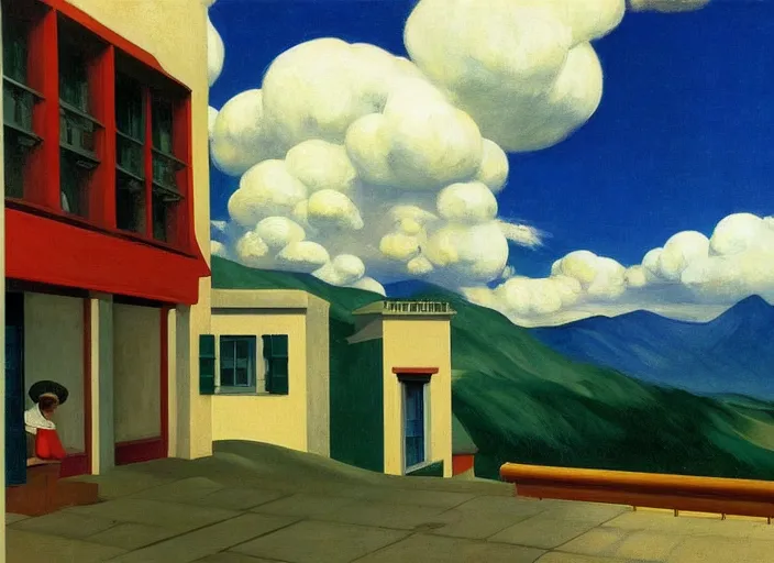 Image similar to alpine village, clouds, bird, open ceiling, strange foreign objects, oil painting by edward hopper, chirico and rene magritte