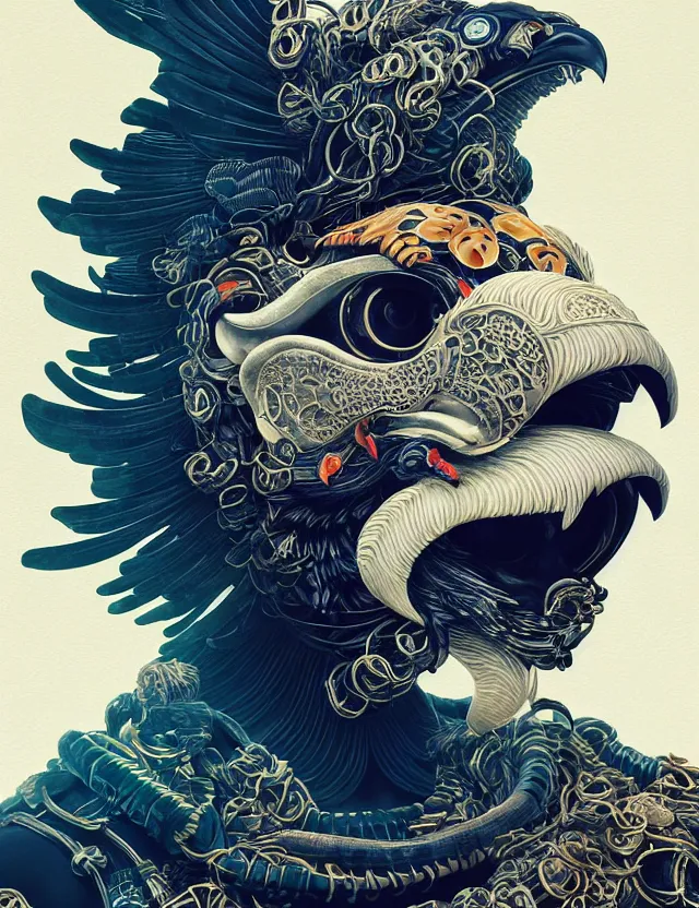 Prompt: prometheus engineer close - up profile portrait with ram skull. beautiful intricately detailed japanese crow kitsune mask and clasical japanese kimono. betta fish, jellyfish phoenix, bio luminescent, plasma, ice, water, wind, creature, artwork by tooth wu and wlop and beeple and greg rutkowski