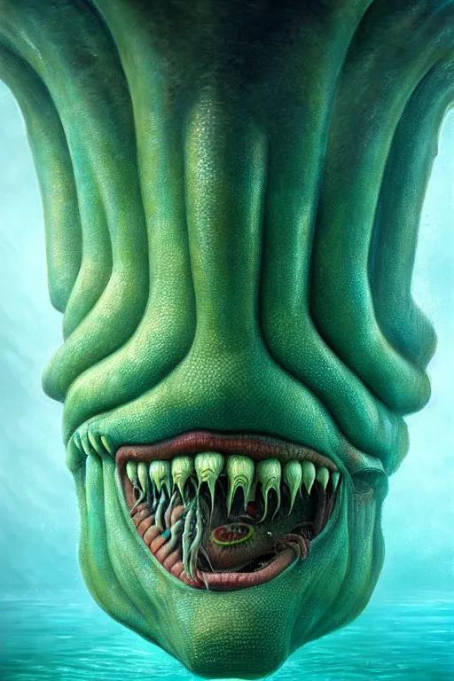 Image similar to hyperrealistic close-up modernism underwater monster! highly detailed concept art eric zener elson peter cinematic hard green lighting high angle hd 8k sharp shallow depth of field, inspired by David Paul Cronenberg and Zdzisław Beksiński