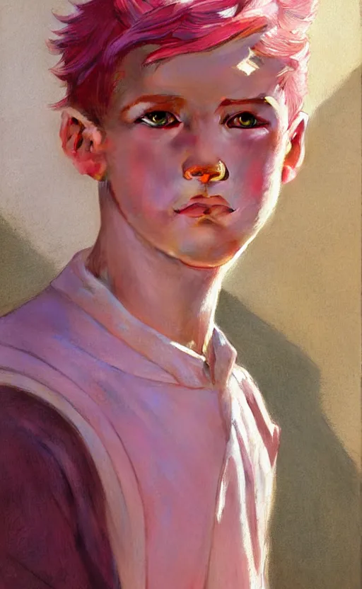 Prompt: androgynous cute pink haired teen boy wearing greek clothes, muted colors, colorful flowers, sunlight filtering through skin, j. c leyendecker, by alan lee, wlop! illustrated by starember, fantasy art by craig mullins cfg _ scale 8