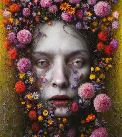 Image similar to portrait, stranger psycho, covered in flowers, horror, by michael page, alyssa monks, julie heffernan, glenn brown, naoto hattori, brian froud, nicola samori, paolo roversi, kilart, 8 k, hyper detailed, hyper realism, acrylic paint, surrealism.