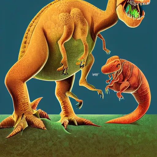 Image similar to dinosaur, happy, antropomorphic, illustration, highly detailed, art by kyle ferrin