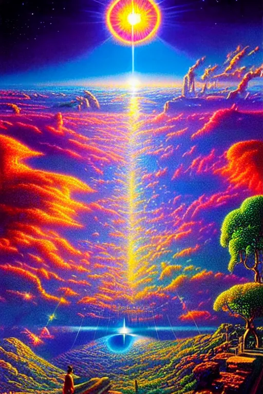 Prompt: a photorealistic detailed cinematic image of a beautiful vibrant iridescent future for human evolution, spiritual science, divinity, utopian, over - dimensional ground view, by david a. hardy, kinkade, lisa frank, wpa, public works mural, socialist