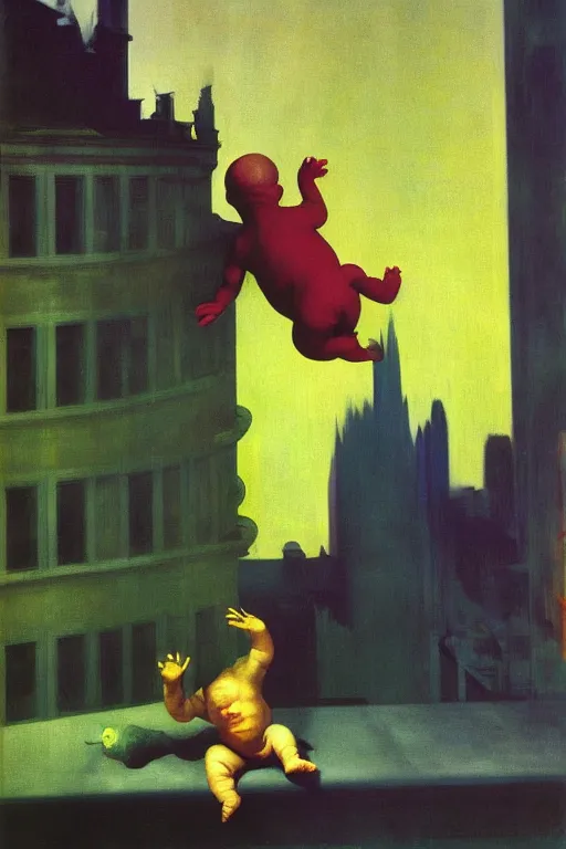 Prompt: evil human giant baby falling from tower, hauntingly surreal, highly detailed painting by francis bacon, edward hopper, adrian ghenie, gerhard richter, and james jean soft light 4 k,