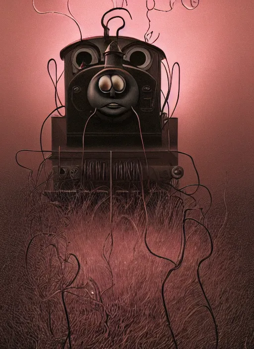 Image similar to thomas the tank engine in style of zdzisław beksinski, extremely dramatic lighting, 8 k, tendrils, black, darkness, black slime tendrils, infected, rust, body horror, thomas the train, thomas the tank engine face, horror,