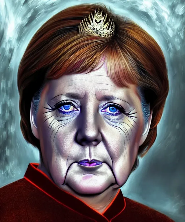 Image similar to angela merkel as a fantasy magic woman portrait, sci - fi, amber eyes, face, long hair, fantasy, intricate, elegant, highly detailed, digital painting, photo by reuters, concept art, sharp focus