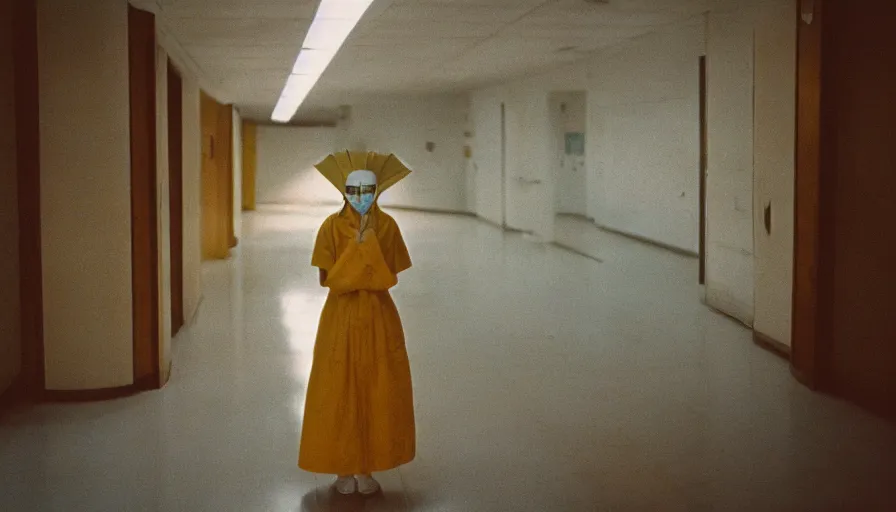 Image similar to 60s movie still of a white japanese female phantom mask in an empty soviet stalinist style hospital with yellow tiles floor with light blue beds, cinestill 800t 35mm technicolor, heavy grain, high quality, higly detailed, liminal space